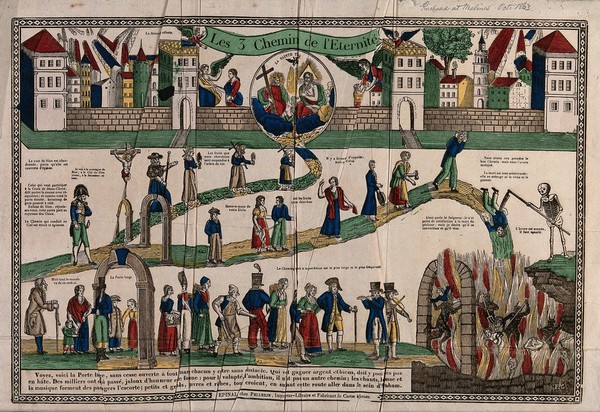 Pilgrims on the three ways to eternity. Coloured wood engraving by F. Georgin.