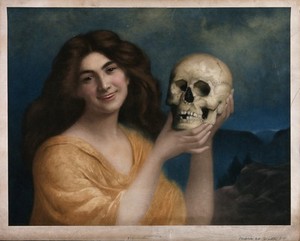 view A young woman holding a skull in her hands; representing life and death. Colour lithograph.