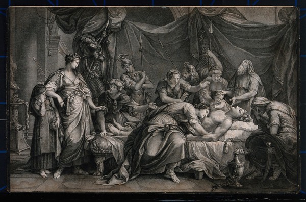 A young soldier on his deathbed, surrounded by his grieving family. Line engraving with etching.