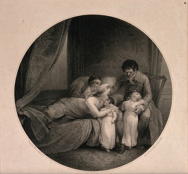 Dying parents taking leave from their children on their deathbed, leaving them in the care of their uncle. Stipple engraving by J. Collyer and J. Tidd after T. Stothard, 1786.