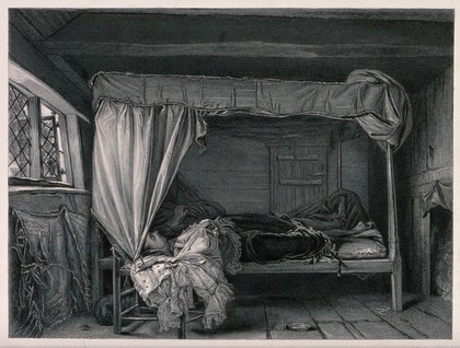 George Villiers, Duke of Buckingham, on his deathbed after his assassination in Portsmouth in 1628. Line engraving with etching by W. Greatbach after A.L. Egg.