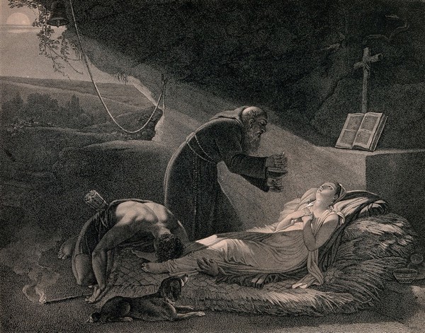 Atala receiving her last communion from the missionary Père Aubry, while her dog and Chactas are crouching at the end of her camp in a mountain cave. Stipple print with etching by Fortier and J.P. Simon after Jean Baptiste Mallet.