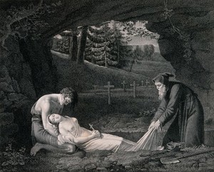 view The burial of Atala outside her cave in the mountains. Stipple print with etching by J.P. Simon after J.B. Mallet.