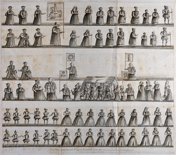 The funeral procession of Queen Elizabeth (Elizabeth of York) in 1503. Etching with engraving, 1784.