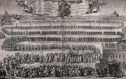 The funeral procession of Mary Clemetine in 1735. Line engraving with etching by Rocco Pozzi after G.P. Pannini.