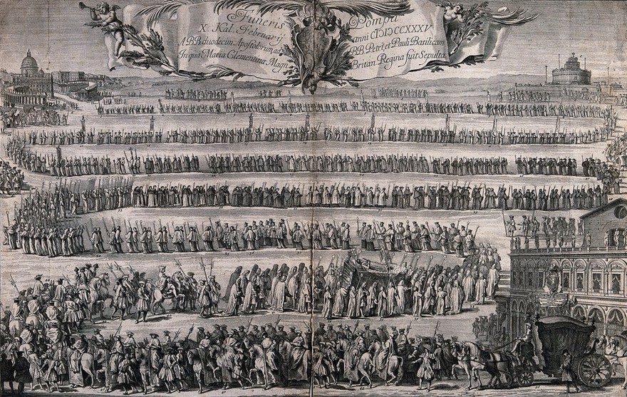 The funeral procession of Princess Maria Clementina in 1735. Line engraving with etching by Rocco Pozzi after G.P. Panini.