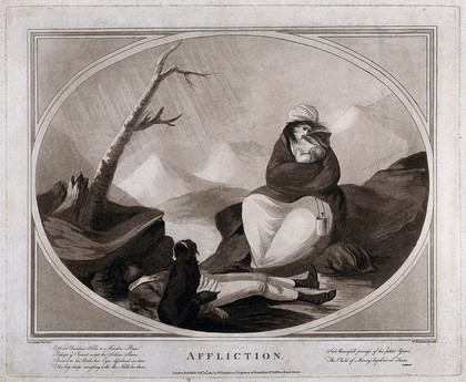 A grieving young widow breastfeeds her infant child next to the dead body of its father, a soldier. Aquatint with engraving after H. Bunbury, 1783.