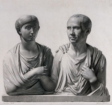 Roman portrait busts of wife and husband. Line engraving with etching by H.L. Garnier after J.M.N. Bralle.