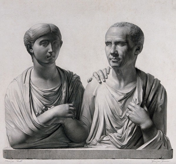 Roman portrait busts of wife and husband. Line engraving with etching by H.L. Garnier after J.M.N. Bralle.