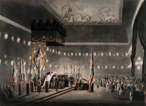 The remains of Lord Viscount Horatio Nelson lying in state in Greenwich. Coloured aquatint with engraving by M. Merigot after A.C. Pugin, 1806.