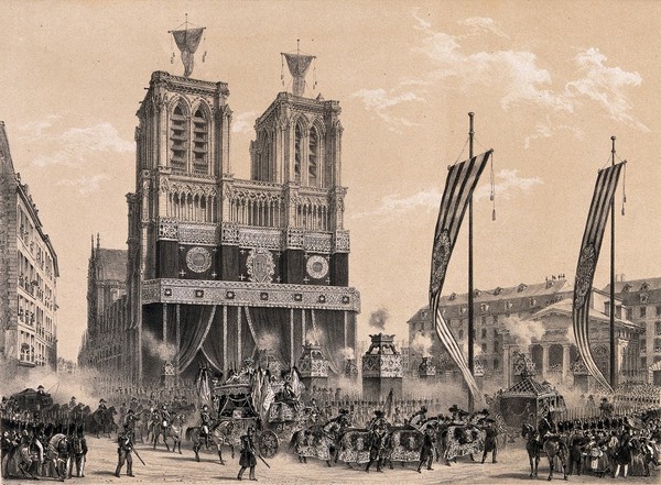 The funeral cortège of the Duke of Orleans in Paris in 1842. Lithograph after Grenier de Saint Martin and I-L. Deroy, 1842.