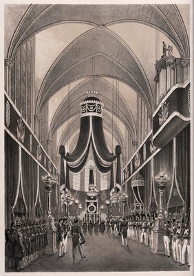 The funeral service of the Duke of Orleans at Dreux prior to his burial, 1842. Lithograph by Grenier de Saint Martin and I-L. Deroy after N.J. Kellin, 1842.