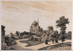 view Chapel and tomb of the family of the Duke of Orleans, seen from the gardens. Lithograph by I-L. Deroy, 1842, after N.J. Kellin.