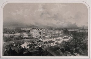 view The funeral procession of the Duke of Wellington passing Apsley House in London in 1852. Lithograph by A. Maclure.