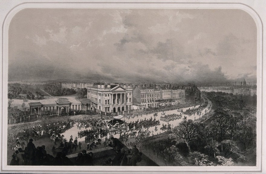The funeral procession of the Duke of Wellington passing Apsley House in London in 1852. Lithograph by A. Maclure.
