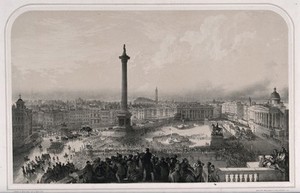 view The funeral procession of the Duke of Wellington passing Trafalgar Square in London in 1852. Lithograph by A. Maclure.