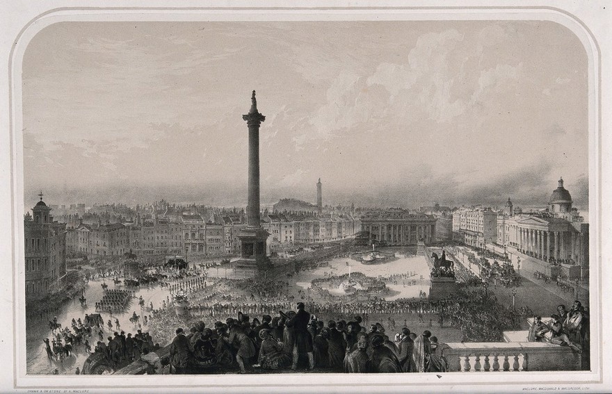 The funeral procession of the Duke of Wellington passing Trafalgar Square in London in 1852. Lithograph by A. Maclure.