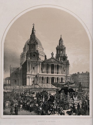 The funeral procession of the Duke of Wellington arriving at St. Paul's Cathedral in London in 1852. Lithograph by A. Maclure.