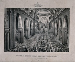 view The funeral ceremonies for the Duke of Wellington inside St. Paul's Cathedral in 1852. Lithograph.