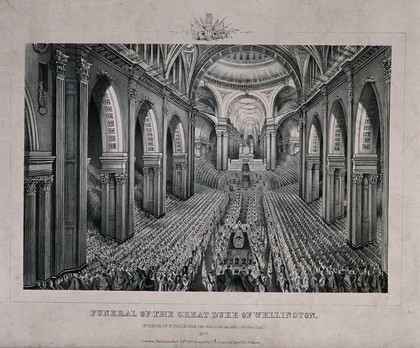 The funeral ceremonies for the Duke of Wellington inside St. Paul's Cathedral in 1852. Lithograph.