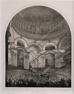 view The funeral of the Duke of Wellington in St. Paul's Cathedral in London in 1852. Lithograph by A. Maclure.