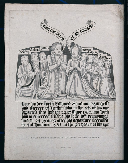Brass plate on the tomb of the Goodman family in Ruthin Church in Denbigshire, Wales. Engraving by R. Graves after G.P. Harding, 1823.