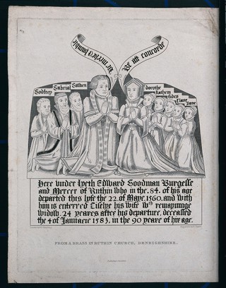 Brass plate on the tomb of the Goodman family in Ruthin Church in Denbigshire, Wales. Engraving by R. Graves after G.P. Harding, 1823.