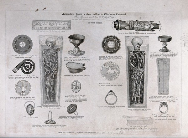 Antiquities found in stone coffins in Chichester Cathedral, including silver chalices and gold rings. Engraving by Thomas King, 1830.