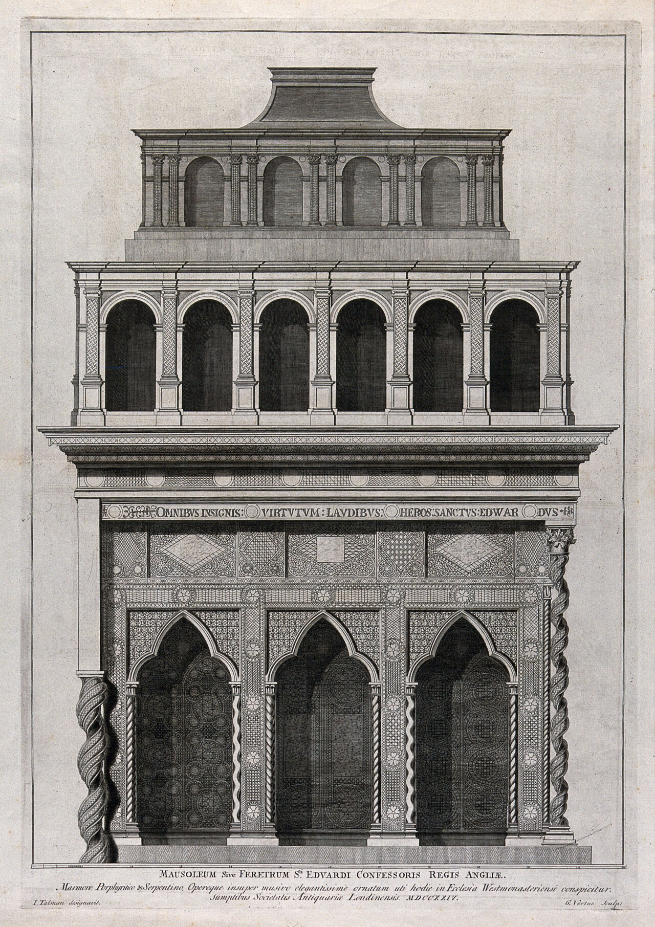 Monument of Edward the Confessor in Westminster Abbey, London. Engraving with etching by G. Vertue after J. Talman., by John Talman