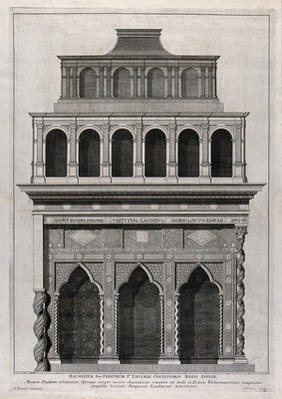 Monument of Edward the Confessor in Westminster Abbey, London. Engraving with etching by G. Vertue after J. Talman.