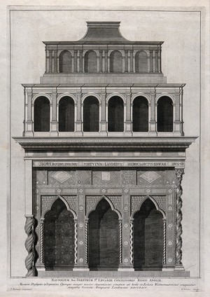 view Monument of Edward the Confessor in Westminster Abbey, London. Engraving with etching by G. Vertue after J. Talman.