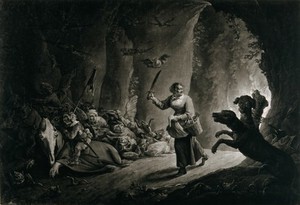 view Dulle Griet (Mad Meg) entering hell. Mezzotint by Richard Earlom after David Teniers, 1786.