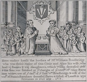 view Tomb effigies of William Bradbrige, his wife Alice, and their fourteen children. Engraving.