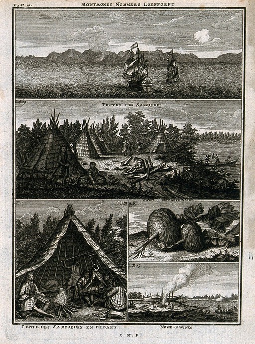 Sailing ships at sea, turnip-like plants found in northern Russia and the Samoyed people with their tents and boats, in separate plates. Engraving after C. de Bruins, 1701.