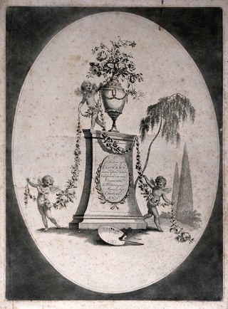 A collection of flowers in ornamental arrangement with garland, urn and cherubs. Etching by J. Edwards, c.1790, after himself.