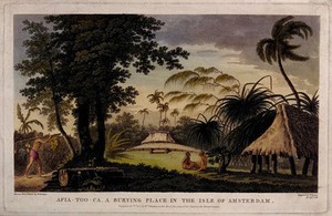 view Afia-Too-Ca, a burying place in Tongatapu, Tonga, with three people, several huts and surrounding palm trees. Coloured line engraving by W. Byrne, c. 1777, after W. Hodges.