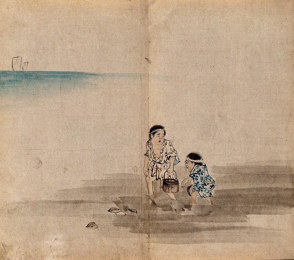 Two Japanese fishermen wading in the sea to collect shells. Watercolour, c.1860.
