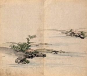 view Japanese huts and trees on two outcrops of rock either side of a channel of water. Watercolour.