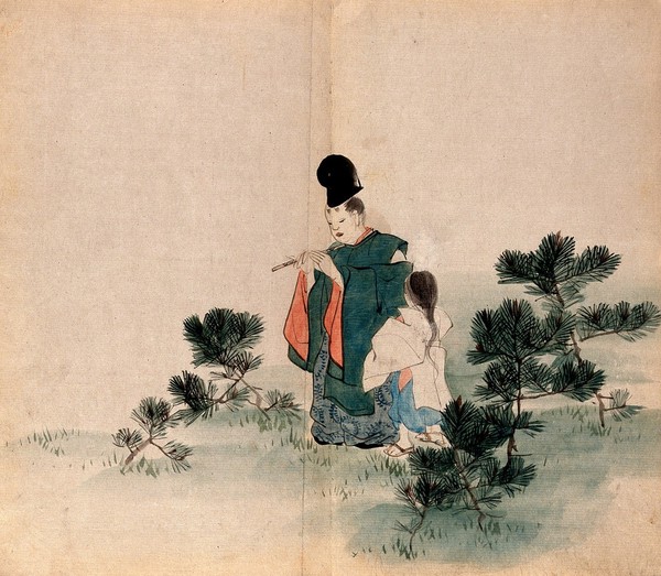 A Japanese lady flautist standing with a girl among small pine trees. Watercolour.