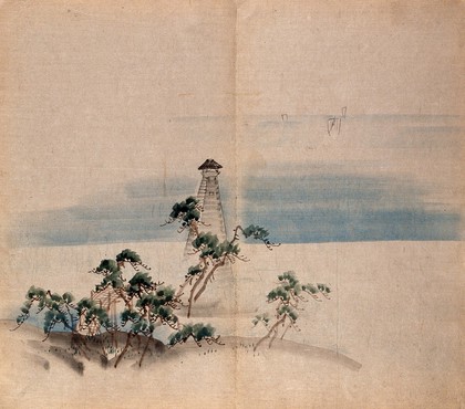A view out to sea from on shore, with trees and a tall wooden tower in the foreground. Watercolour.