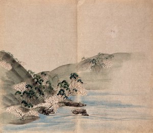 view Steep grassy banks at the water's edge with shrubs and rocks at their base. Watercolour.