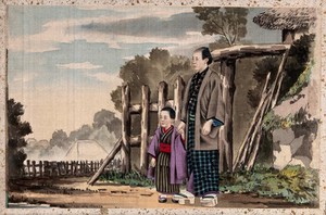 view A Japanese man and child by a village fence. Gouache painting.