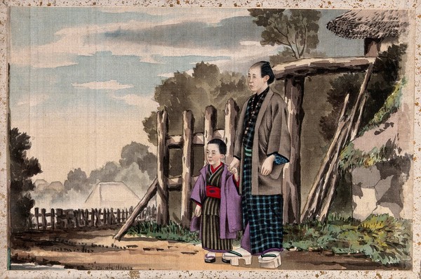 A Japanese man and child by a village fence. Gouache painting.