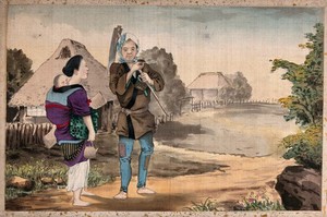 view Two Japanese peasants on a village path, the man carries a scythe and the woman has a baby on her back. Gouache painting.