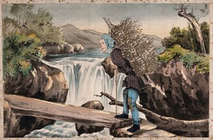 view A Japanese man heavily laden with firewood crosses a wooden plank over a river, upstream a waterfall. Gouache painting.