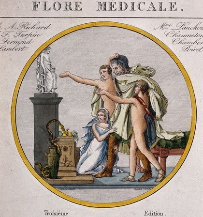 Two roundels: above, a man supported by his wife and children prays before an altar of Aesculapius; below, a garland of medicinal plants, and angels representing pharmacy and botany. Coloured engraving by P. Lenormand, ca. 1830, partly after N. Guérin.