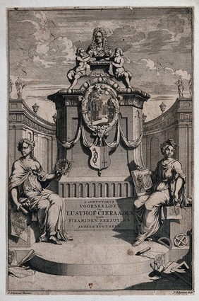 An ornate garden monument with women seated either side holding garden plans and design implements. Etching by J. Schynvoet after S. Schynvoet, early 18th century.