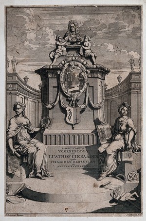 view An ornate garden monument with women seated either side holding garden plans and design implements. Etching by J. Schynvoet after S. Schynvoet, early 18th century.