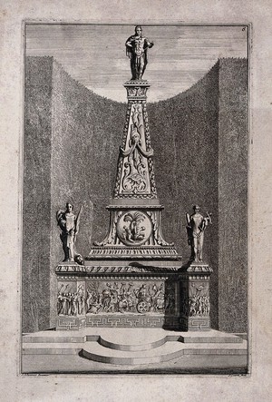 view An ornate garden obelisk with a triumphal procession carved in relief on the base. Etching by J. Goeree after S. Schynvoet, early 18th century.