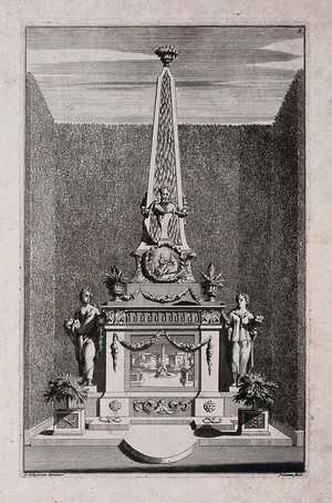 view An ornate garden obelisk flanked by statues of women holding garden produce. Etching by J. Goeree after S. Schynvoet, early 18th century.